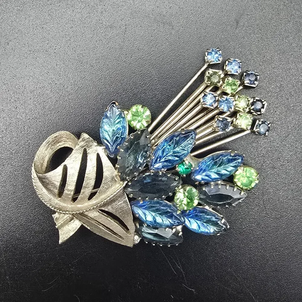 Blue Green Rhinestone Bouquet Brooch UV Glow Vintage Costume Jewelry